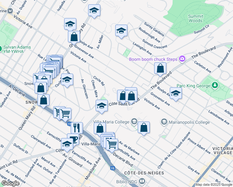 map of restaurants, bars, coffee shops, grocery stores, and more near 4650 Avenue Bonavista in Montreal