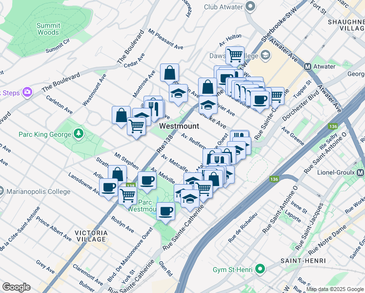 map of restaurants, bars, coffee shops, grocery stores, and more near 353 Avenue Kensington in Westmount
