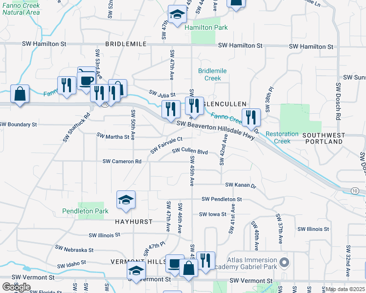 map of restaurants, bars, coffee shops, grocery stores, and more near 4535 Southwest Cullen Boulevard in Portland