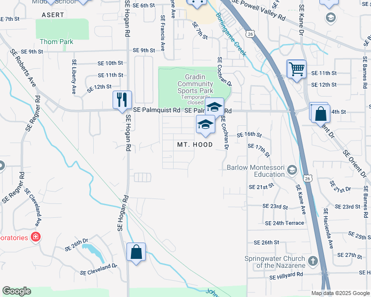 map of restaurants, bars, coffee shops, grocery stores, and more near 2351 Southeast 17th Alley in Gresham
