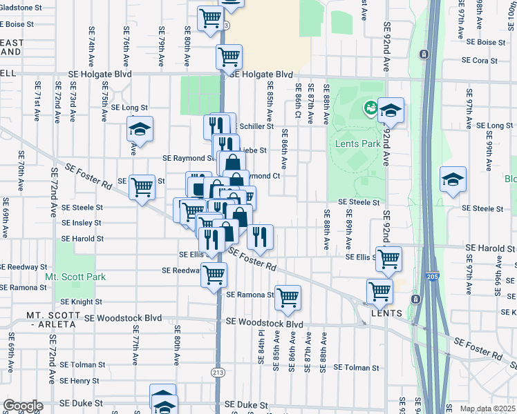 map of restaurants, bars, coffee shops, grocery stores, and more near 8435 Southeast Insley Street in Portland