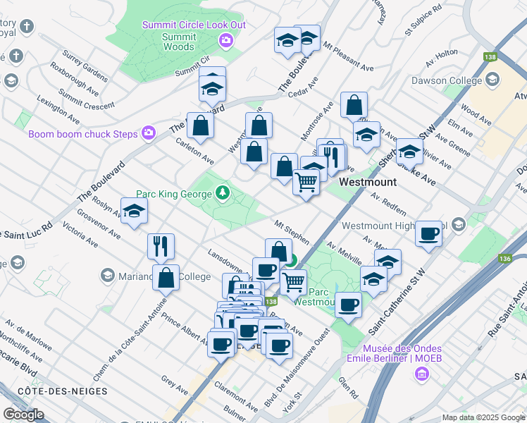 map of restaurants, bars, coffee shops, grocery stores, and more near 4 Avenue Murray in Westmount