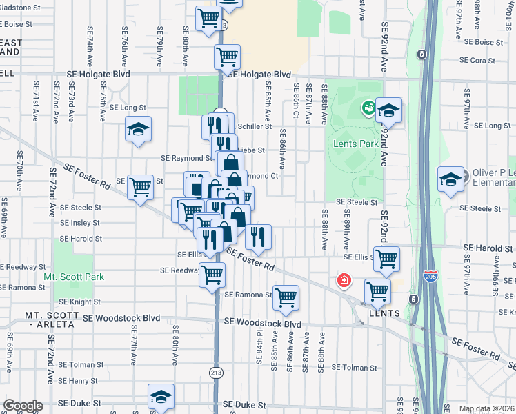 map of restaurants, bars, coffee shops, grocery stores, and more near 8435-8437 Southeast Insley Street in Portland