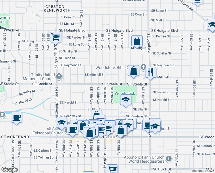 map of restaurants, bars, coffee shops, grocery stores, and more near 5315 Southeast 47th Avenue in Portland