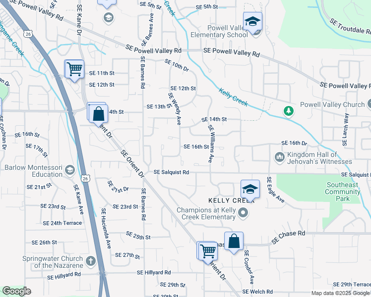 map of restaurants, bars, coffee shops, grocery stores, and more near 4158 Southeast 16th Drive in Gresham