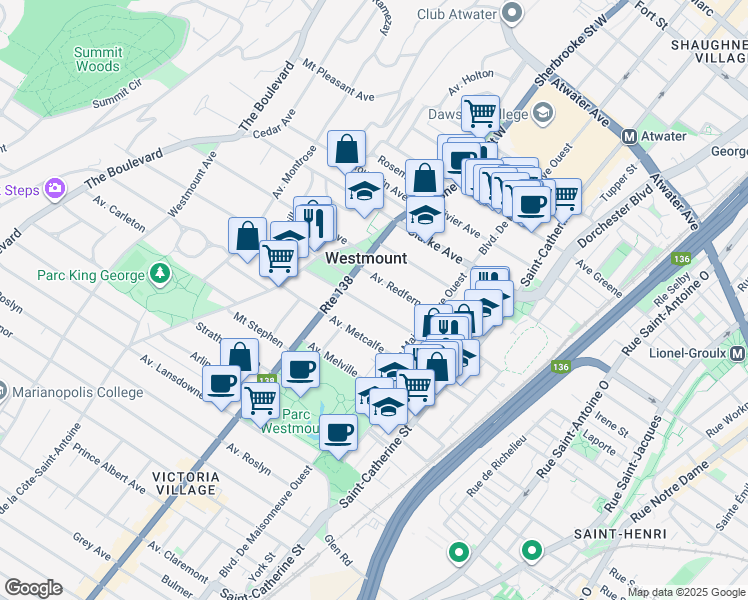 map of restaurants, bars, coffee shops, grocery stores, and more near 353 Avenue Kensington in Westmount