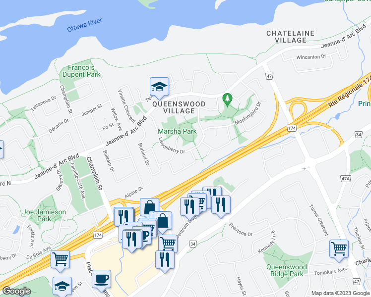 map of restaurants, bars, coffee shops, grocery stores, and more near 885 Lawnsberry Drive in Ottawa
