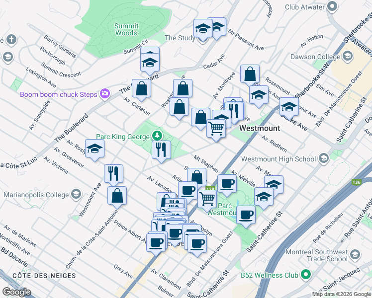 map of restaurants, bars, coffee shops, grocery stores, and more near 4 Avenue Murray in Westmount