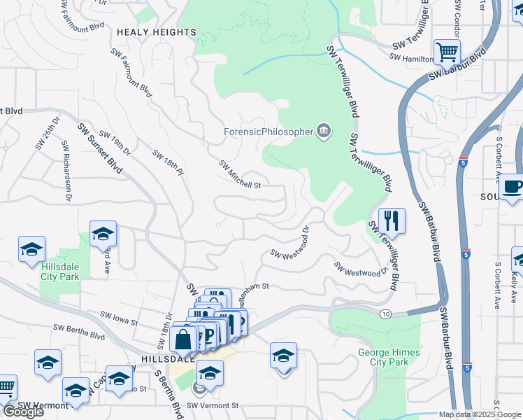 map of restaurants, bars, coffee shops, grocery stores, and more near 5507 Southwest Westwood View in Portland