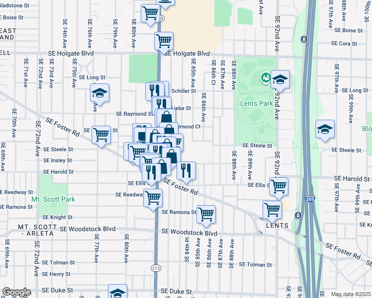 map of restaurants, bars, coffee shops, grocery stores, and more near 8435-8437 Southeast Insley Street in Portland