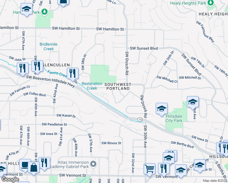 map of restaurants, bars, coffee shops, grocery stores, and more near 5324 Southwest 34th Place in Portland
