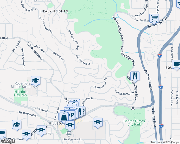 map of restaurants, bars, coffee shops, grocery stores, and more near 5507 Southwest Westwood View in Portland