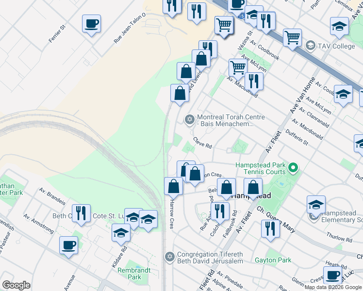 map of restaurants, bars, coffee shops, grocery stores, and more near 6160 Croissant Bernard Mergler in Côte Saint-Luc