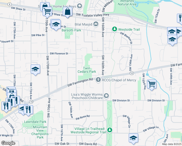 map of restaurants, bars, coffee shops, grocery stores, and more near 16235 Southwest Farmington Road in Beaverton