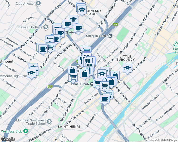 map of restaurants, bars, coffee shops, grocery stores, and more near 756 Avenue Atwater in Montréal