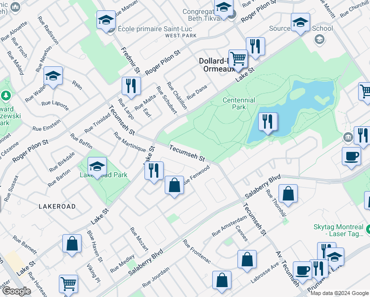 map of restaurants, bars, coffee shops, grocery stores, and more near 1185 Rue Tecumseh in Dollard-des-Ormeaux
