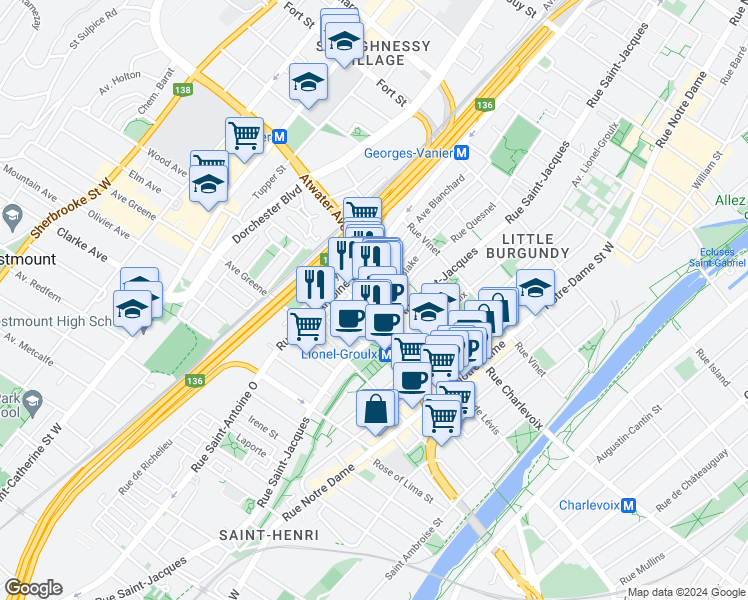 map of restaurants, bars, coffee shops, grocery stores, and more near 758 Avenue Atwater in Montréal
