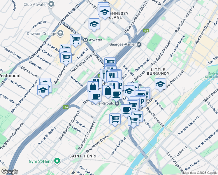 map of restaurants, bars, coffee shops, grocery stores, and more near 783 Avenue Marin in Montréal