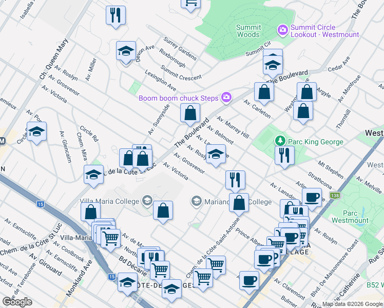 map of restaurants, bars, coffee shops, grocery stores, and more near 672 Avenue Roslyn in Westmount