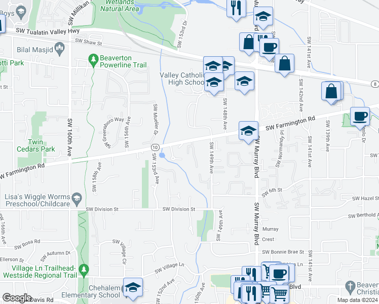 map of restaurants, bars, coffee shops, grocery stores, and more near 4880 Southwest 150th Place in Beaverton