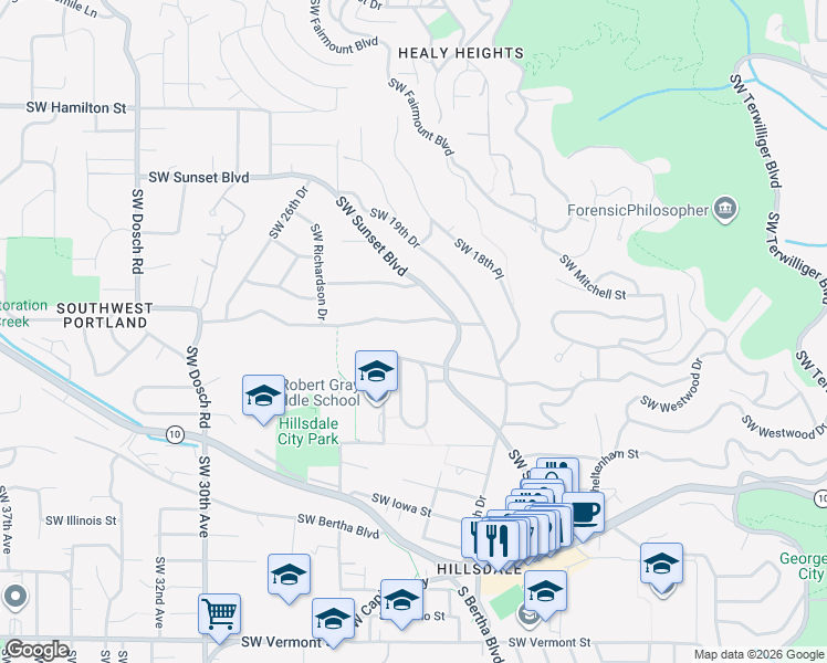 map of restaurants, bars, coffee shops, grocery stores, and more near 2210 Southwest Boundary Street in Portland