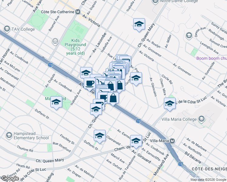 map of restaurants, bars, coffee shops, grocery stores, and more near 5204 Chemin Queen Mary in Montréal