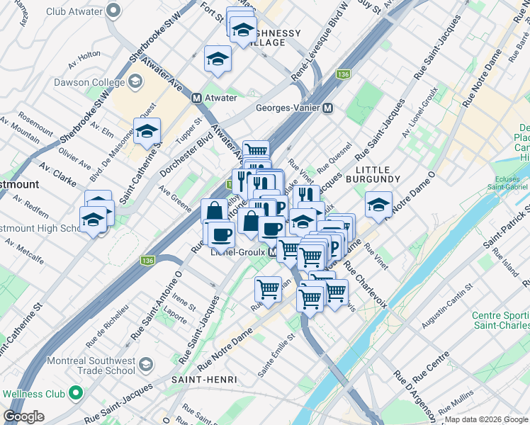 map of restaurants, bars, coffee shops, grocery stores, and more near 758 Avenue Atwater in Montréal