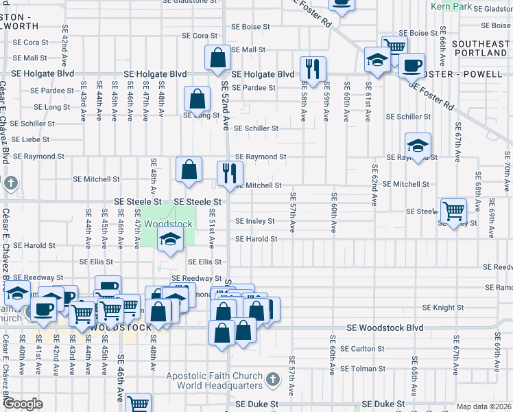 map of restaurants, bars, coffee shops, grocery stores, and more near 5306 Southeast 54th Avenue in Portland