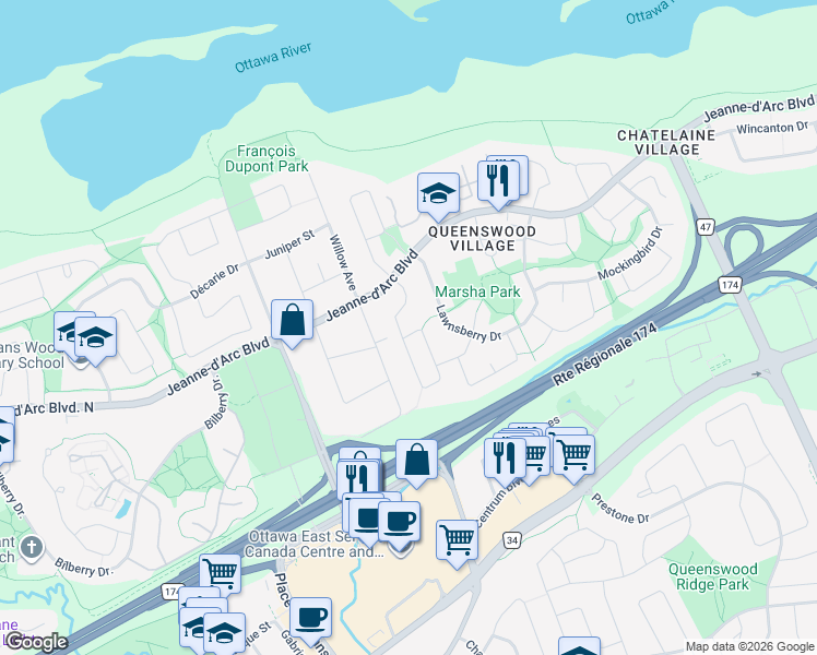 map of restaurants, bars, coffee shops, grocery stores, and more near 932 Borland Drive in Ottawa
