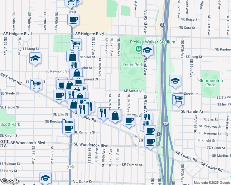 map of restaurants, bars, coffee shops, grocery stores, and more near 5305 Southeast 88th Avenue in Portland