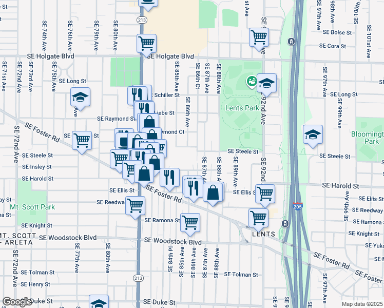 map of restaurants, bars, coffee shops, grocery stores, and more near 5307 Southeast 87th Avenue in Portland