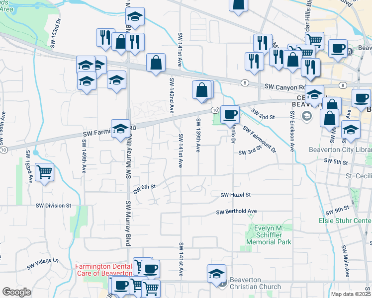 map of restaurants, bars, coffee shops, grocery stores, and more near 4890 Southwest 141st Avenue in Beaverton