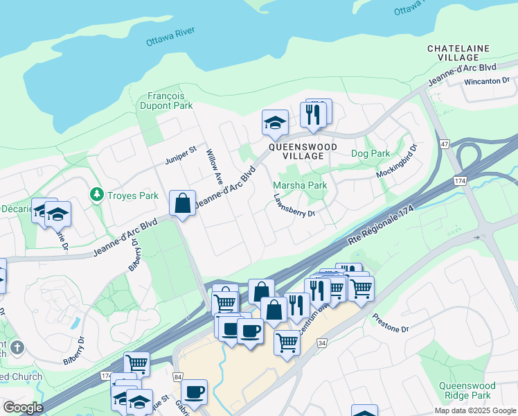 map of restaurants, bars, coffee shops, grocery stores, and more near in Ottawa