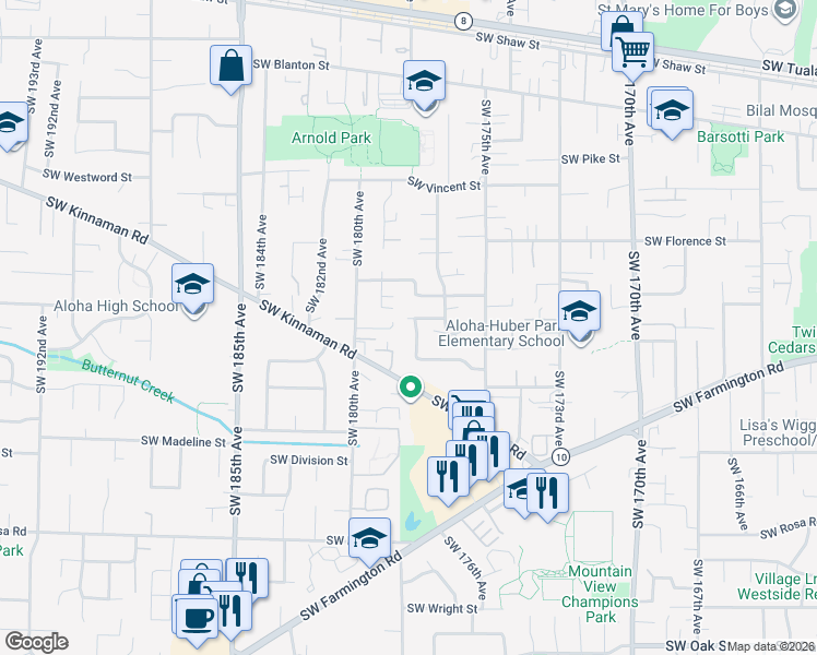 map of restaurants, bars, coffee shops, grocery stores, and more near 17836 Southwest Washington Drive in Aloha