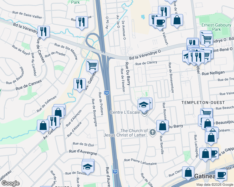 map of restaurants, bars, coffee shops, grocery stores, and more near 22 Rue de Beauce in Gatineau