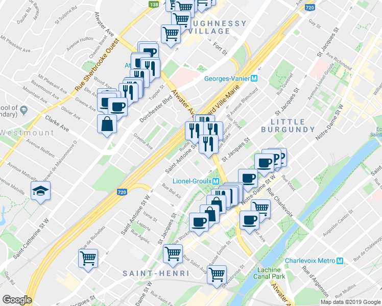 map of restaurants, bars, coffee shops, grocery stores, and more near 3170 Rue Saint-Antoine Ouest in Montréal