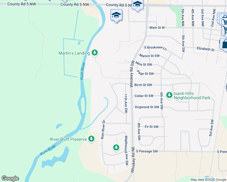 map of restaurants, bars, coffee shops, grocery stores, and more near 703 Rum River Drive in Isanti