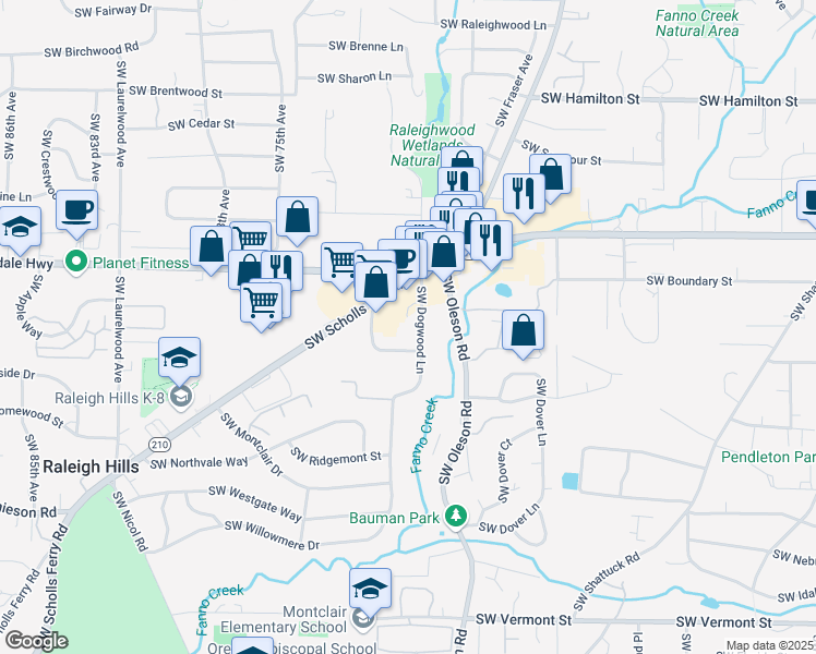 map of restaurants, bars, coffee shops, grocery stores, and more near 4815 Southwest Dogwood Lane in Portland