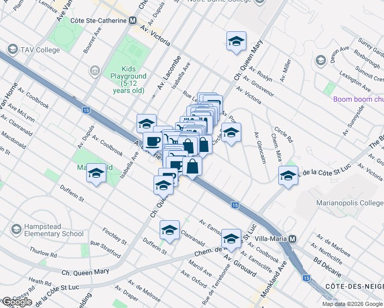 map of restaurants, bars, coffee shops, grocery stores, and more near 5204 Chemin Queen Mary in Montréal