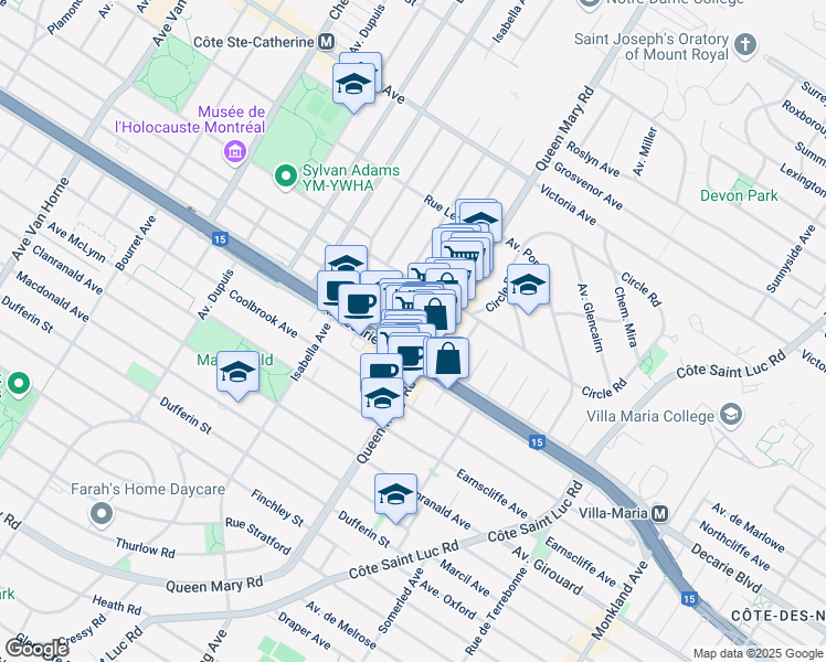 map of restaurants, bars, coffee shops, grocery stores, and more near 5120 Avenue Trans Island in Montréal