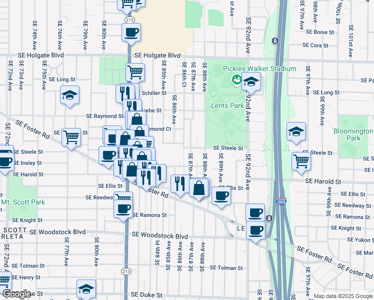 map of restaurants, bars, coffee shops, grocery stores, and more near 5307 Southeast 87th Avenue in Portland