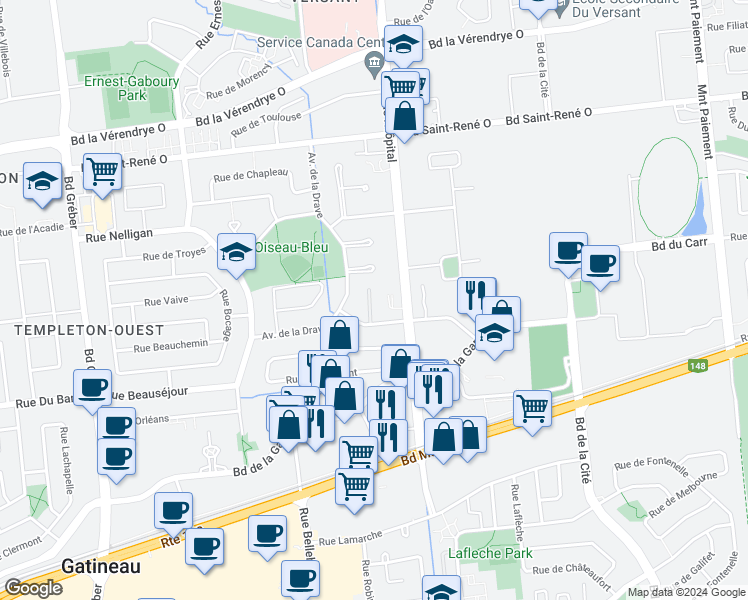 map of restaurants, bars, coffee shops, grocery stores, and more near 16 Rue de Laterrière in Gatineau