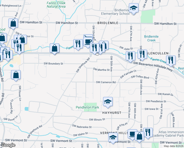 map of restaurants, bars, coffee shops, grocery stores, and more near 5431 Southwest 53rd Avenue in Portland