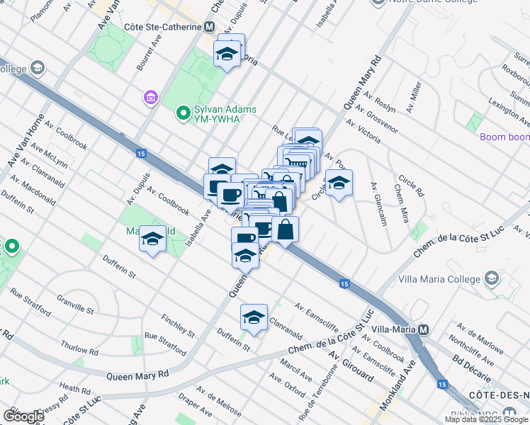 map of restaurants, bars, coffee shops, grocery stores, and more near 5122 Avenue Trans Island in Montréal