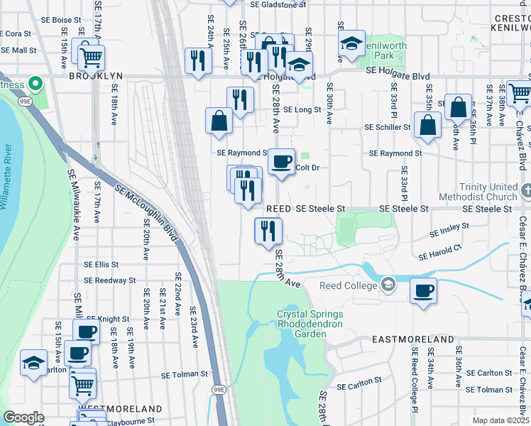 map of restaurants, bars, coffee shops, grocery stores, and more near 2720 Southeast Steele Street in Portland