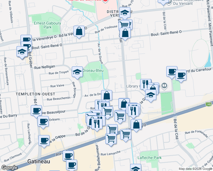 map of restaurants, bars, coffee shops, grocery stores, and more near 42 Avenue de la Drave in Gatineau