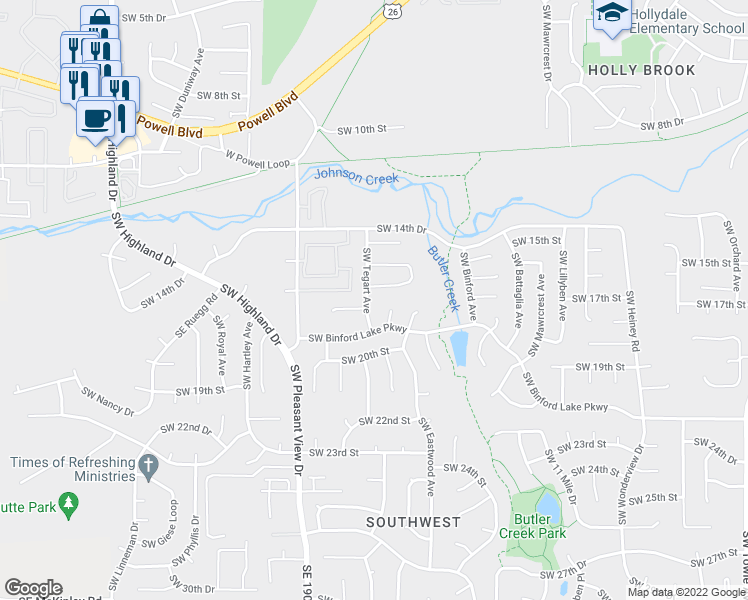 map of restaurants, bars, coffee shops, grocery stores, and more near 1760 Southwest Tegart Avenue in Gresham