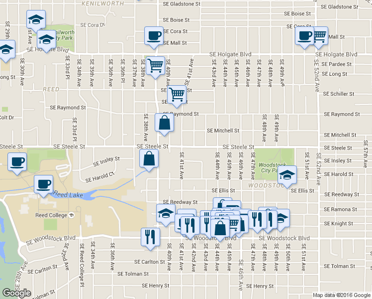 map of restaurants, bars, coffee shops, grocery stores, and more near 5304 Southeast 41st Avenue in Portland