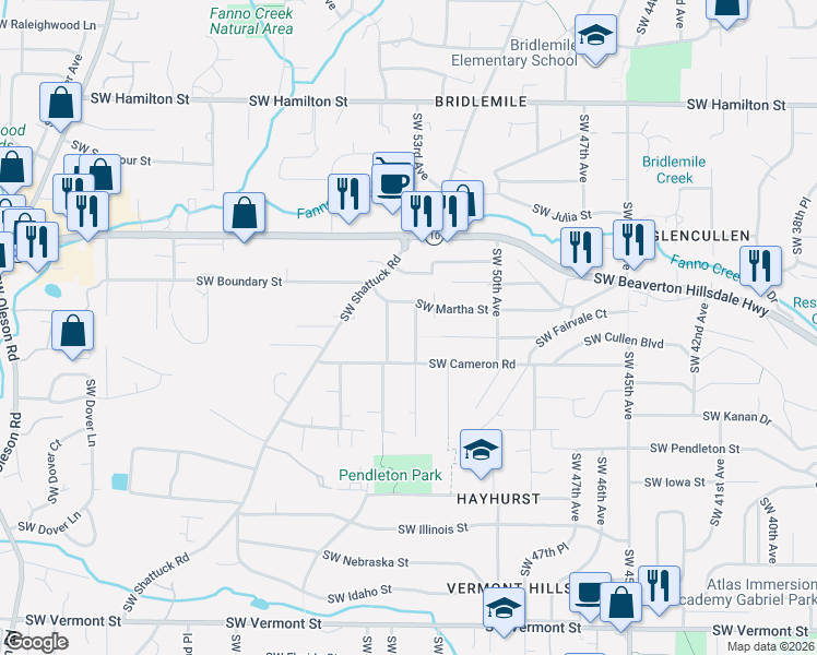 map of restaurants, bars, coffee shops, grocery stores, and more near 5431 Southwest 53rd Avenue in Portland