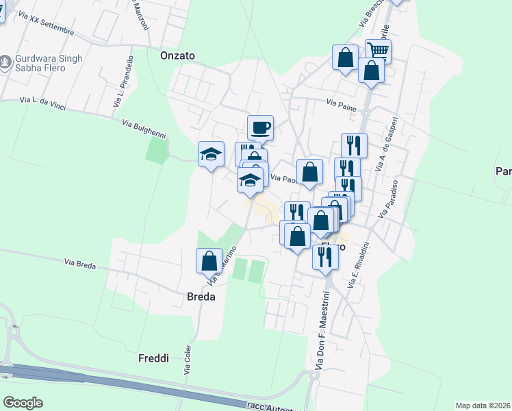 map of restaurants, bars, coffee shops, grocery stores, and more near 23 Piazza 4 Novembre in Flero